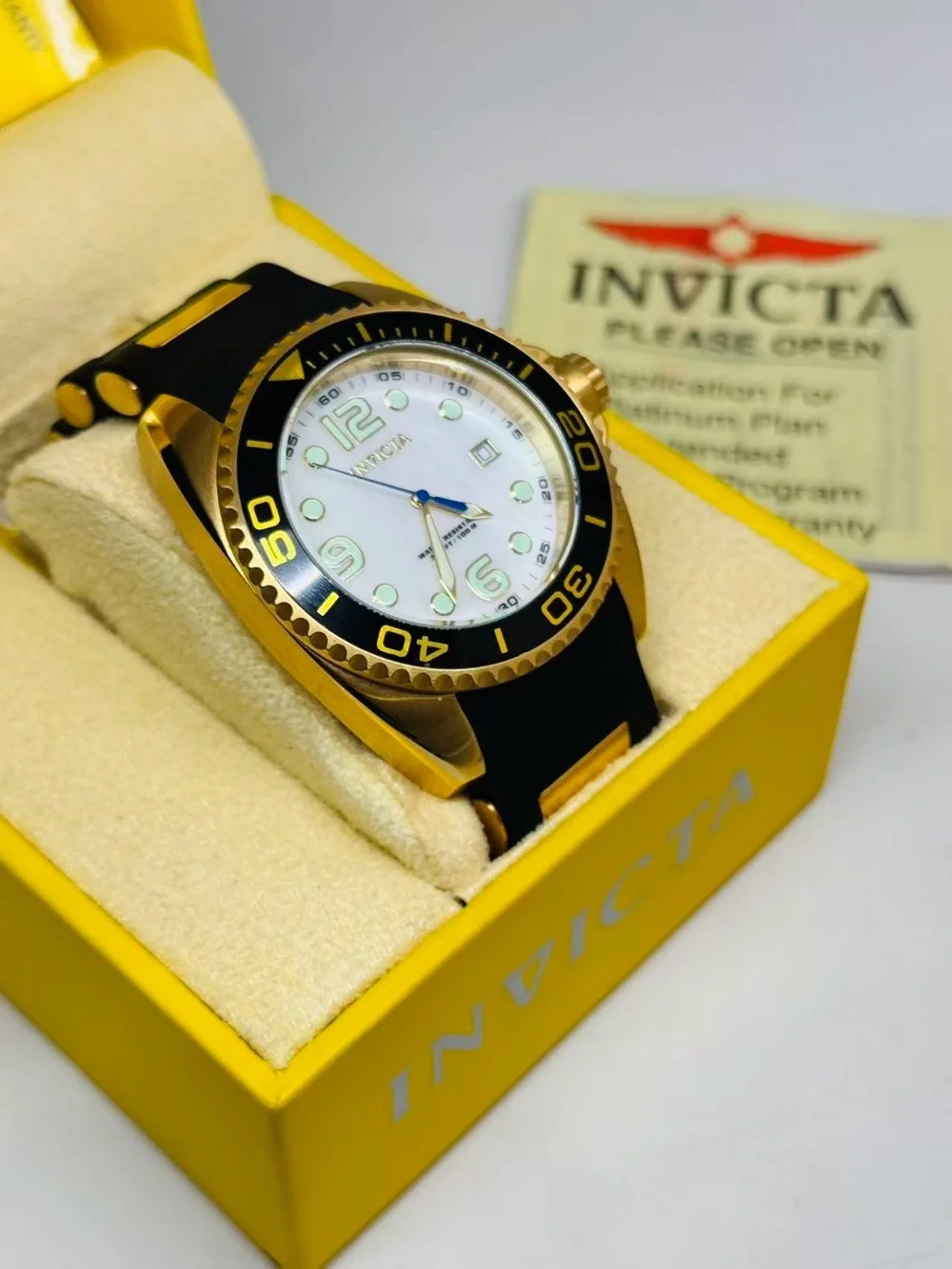 Invicta Pro Diver Gold Tone 44mm Quartz Watch MOP Dial Black Strap New In Box